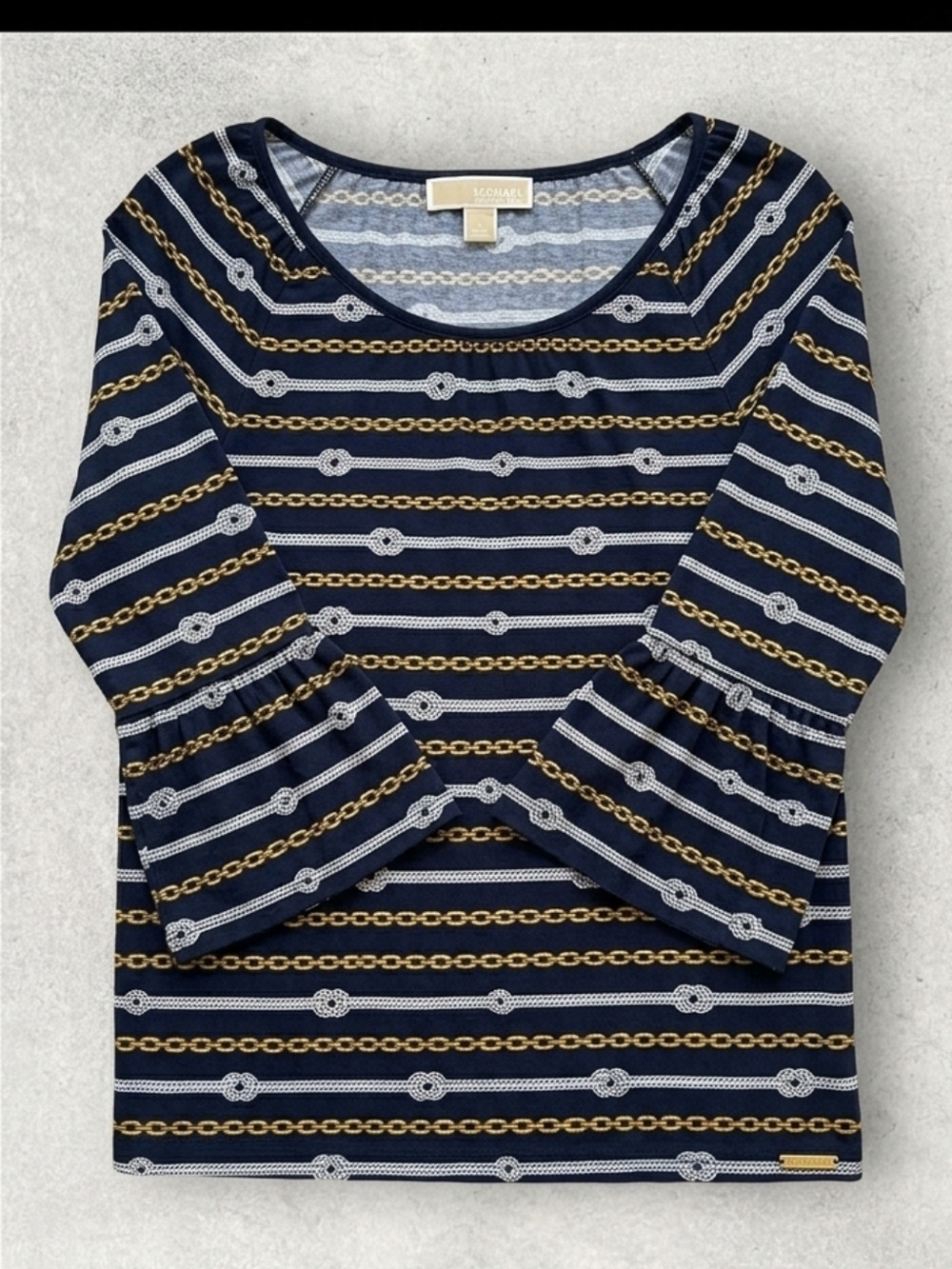 Michael Kors Nautical Navy Gold Chain Rope Bell Sleeve Peasant Top L - Picture 2 of 12